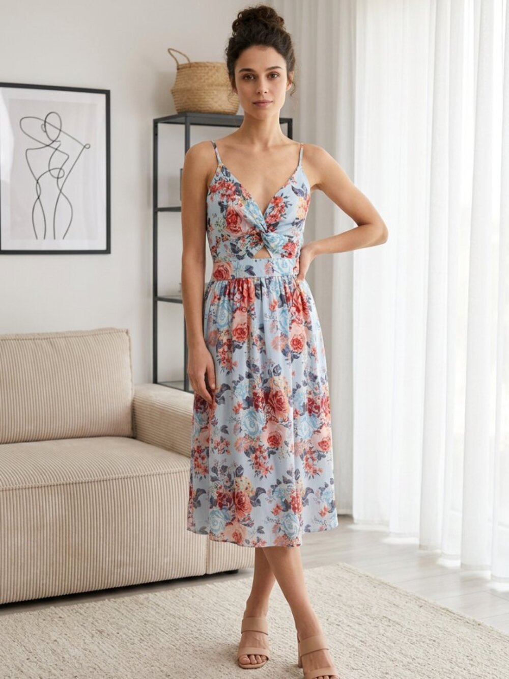 Angie Maxi Spaghetti Strap Pastel Blue Floral Dress with Knot at Bustline Size L